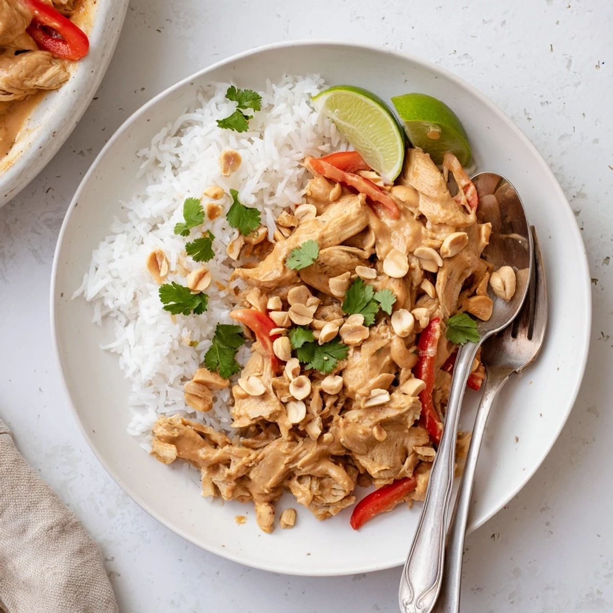 Tender shredded chicken thighs coated in creamy peanut sauce with sliced red bell pepper and lime wedges on white plate