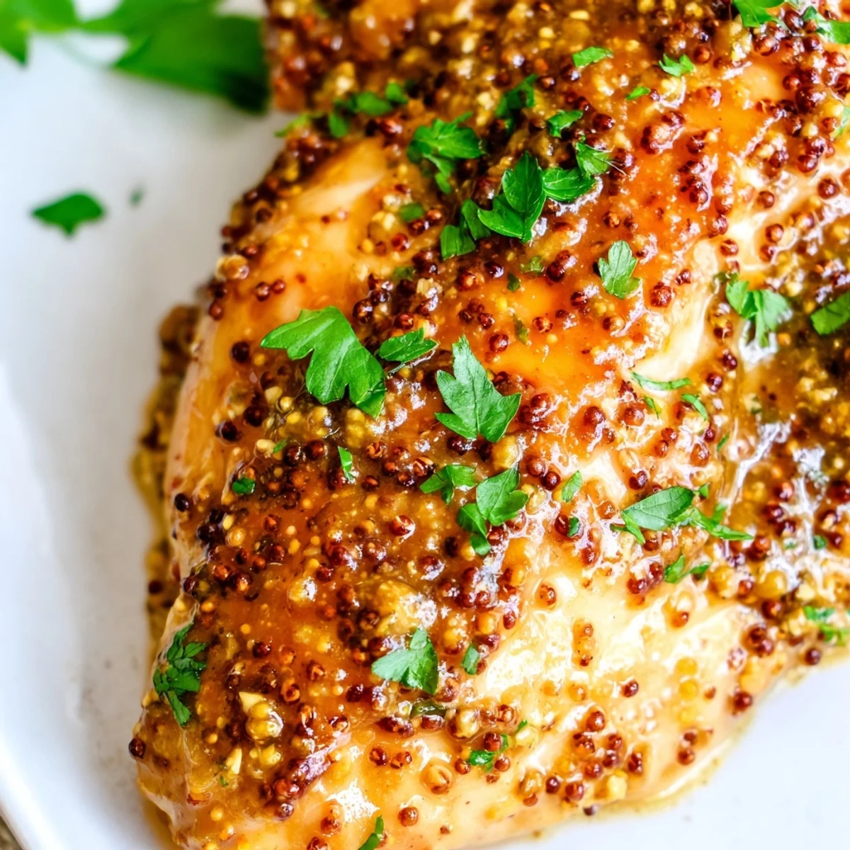 Golden oven baked honey mustard chicken breasts coated in caramelized honey garlic sauce