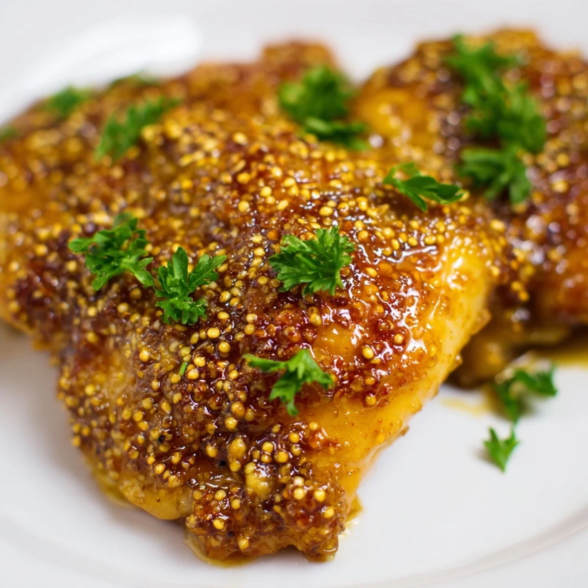 Glossy oven baked honey mustard chicken resting on a white serving platter with parsley