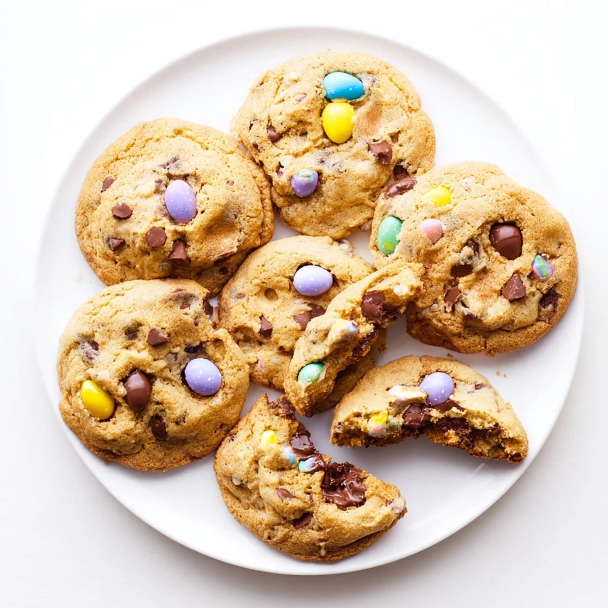 Golden mini egg cookies with colorful chocolate egg pieces on a wire cooling rack