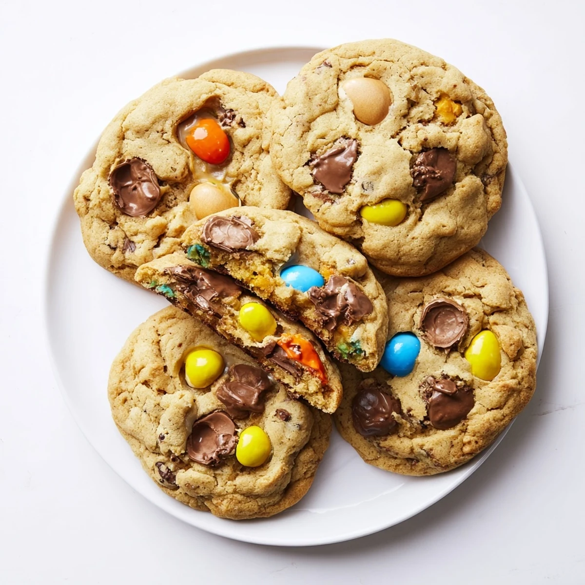 Buttery chewy mini egg cookies studded with pastel chocolate candies on white plate