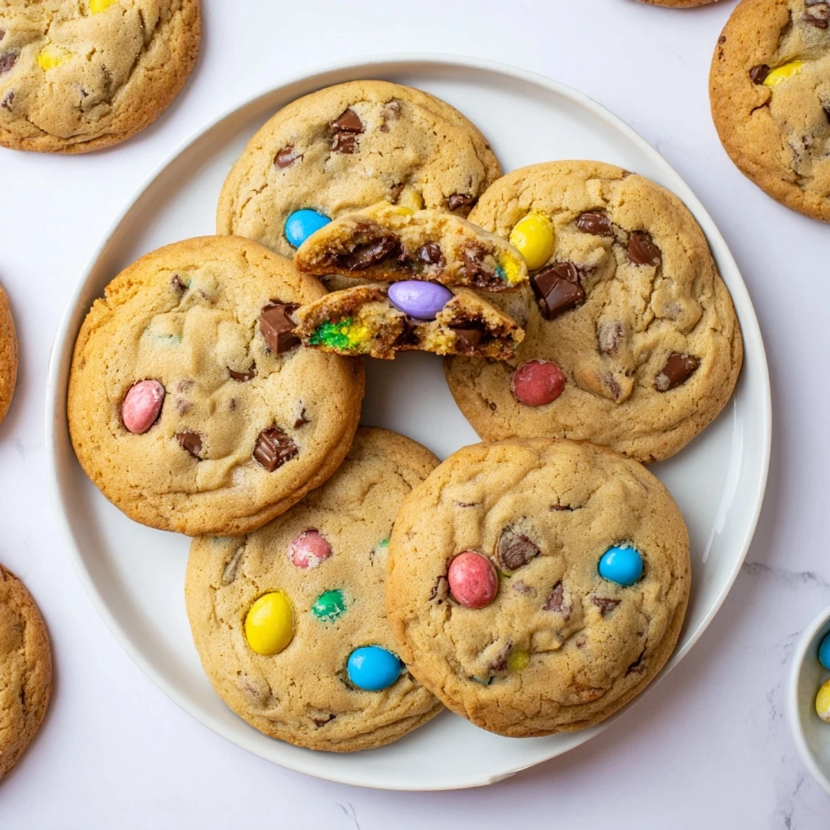 Freshly baked mini egg cookies with chopped chocolate eggs on parchment paper