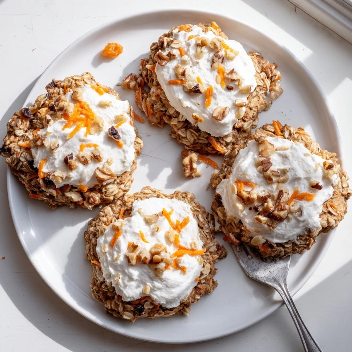 Soft carrot cake cookies topped with creamy white frosting and scattered walnut pieces