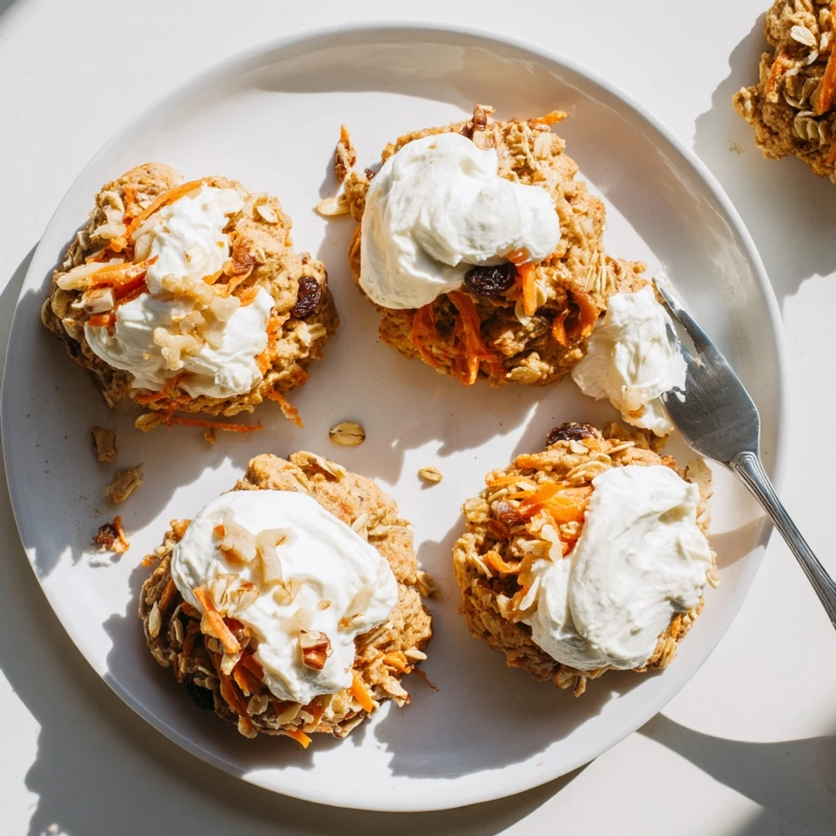 Golden spiced carrot cake cookies with visible grated carrot shreds and tangy cream cheese glaze