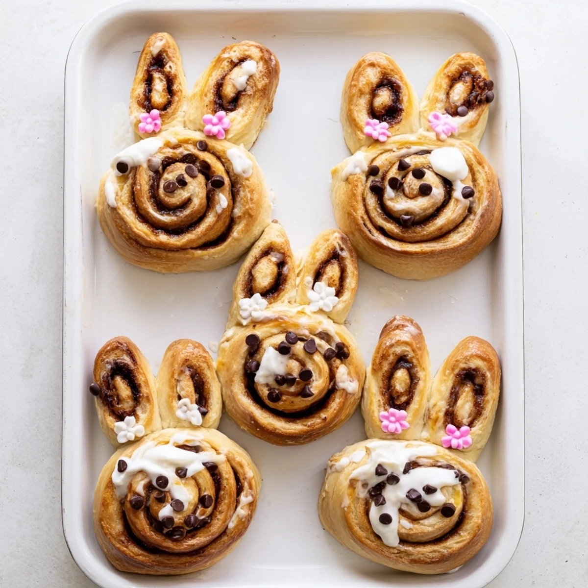 Golden Easter Bunny cinnamon rolls with fluffy spiral dough and sweet white glaze drizzle