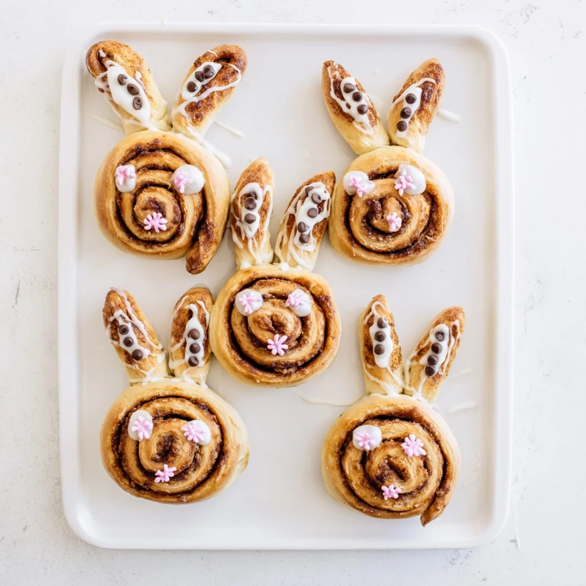 Soft homemade cinnamon rolls shaped like Easter bunnies topped with vanilla icing and sprinkles