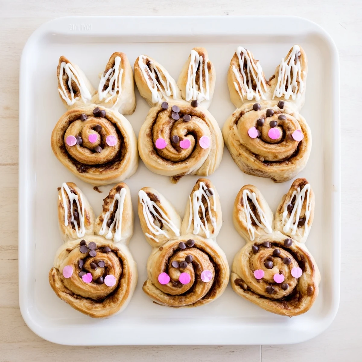 Adorable bunny-shaped cinnamon rolls baked until golden with decorative chocolate chip eyes