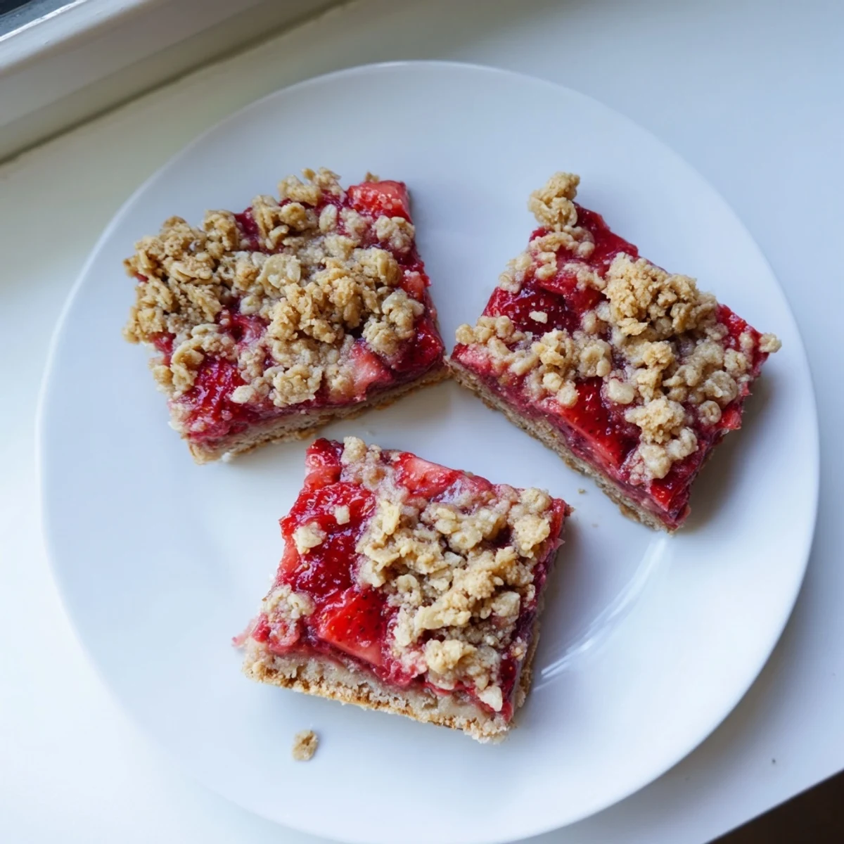 Golden strawberry oatmeal crumble bars featuring sweet red fruit filling peeking through buttery oat topping