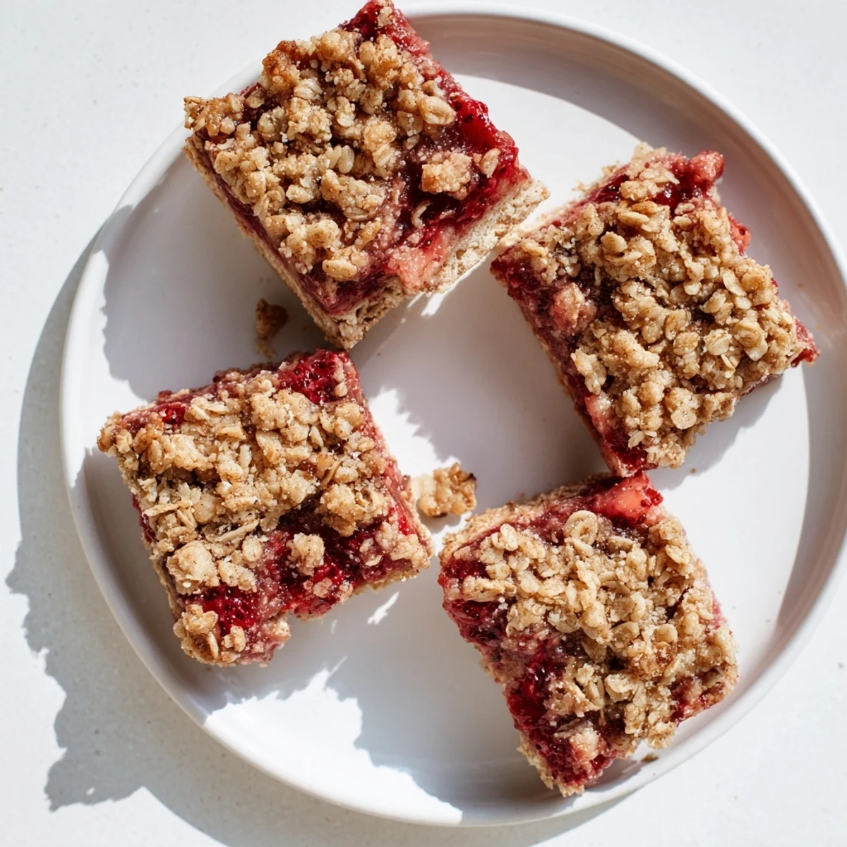 Homemade strawberry oatmeal crumble bars sliced into squares showcasing juicy berry layers beneath golden crumbs