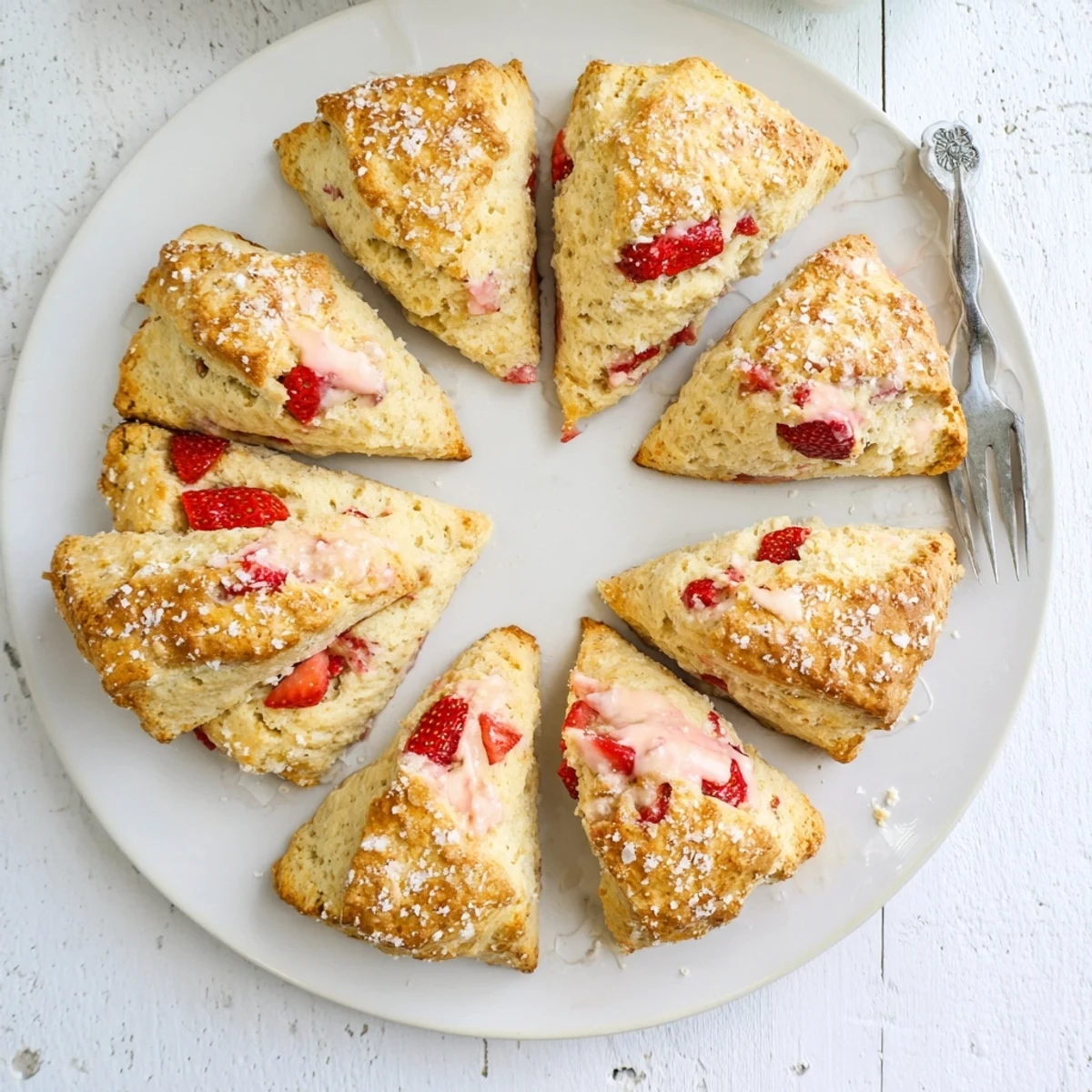 Golden brown strawberry scones with red berry pieces and sugar-crusted tops on a white plate