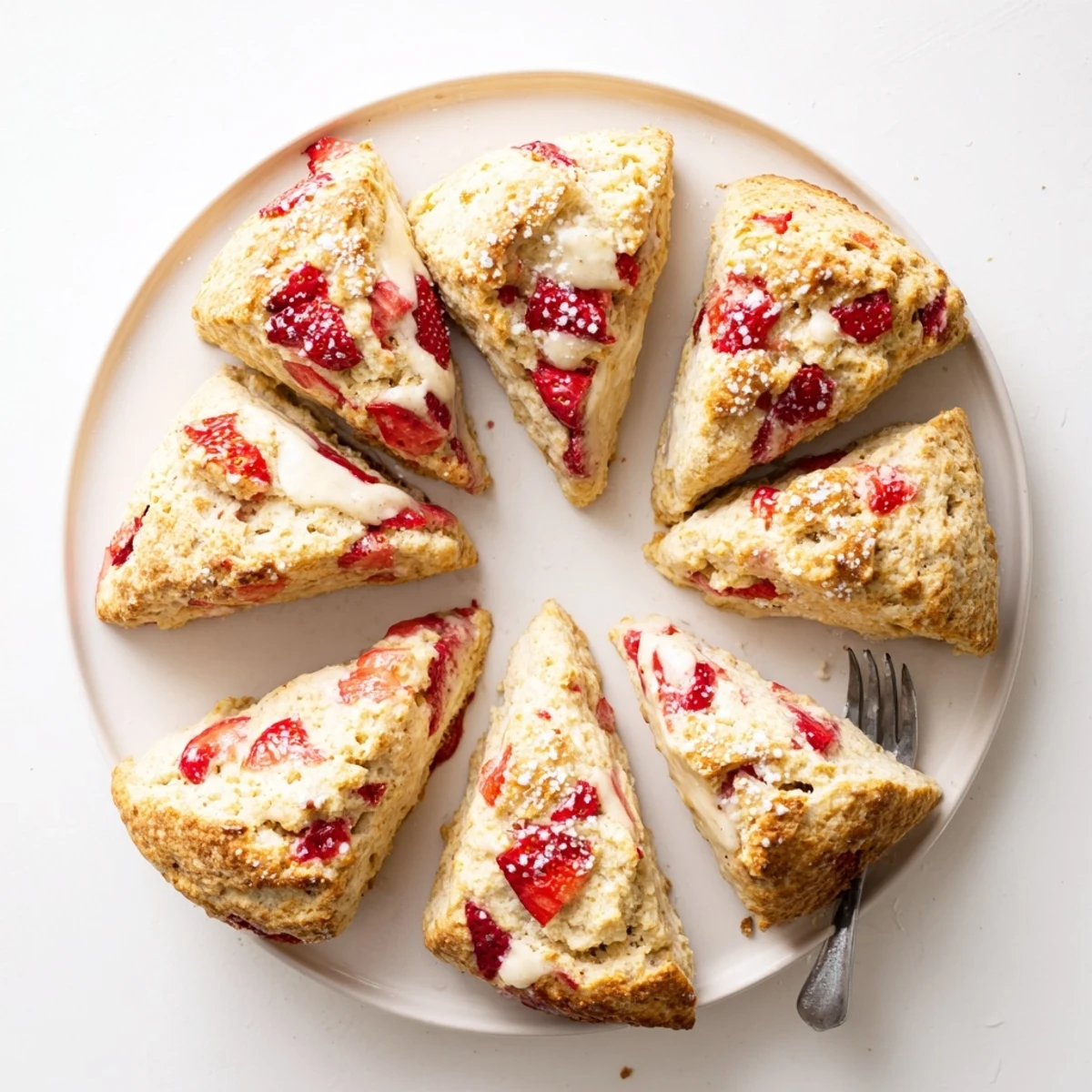 Fresh baked strawberry scones cooling on wire rack with flaky layers and juicy strawberry chunks