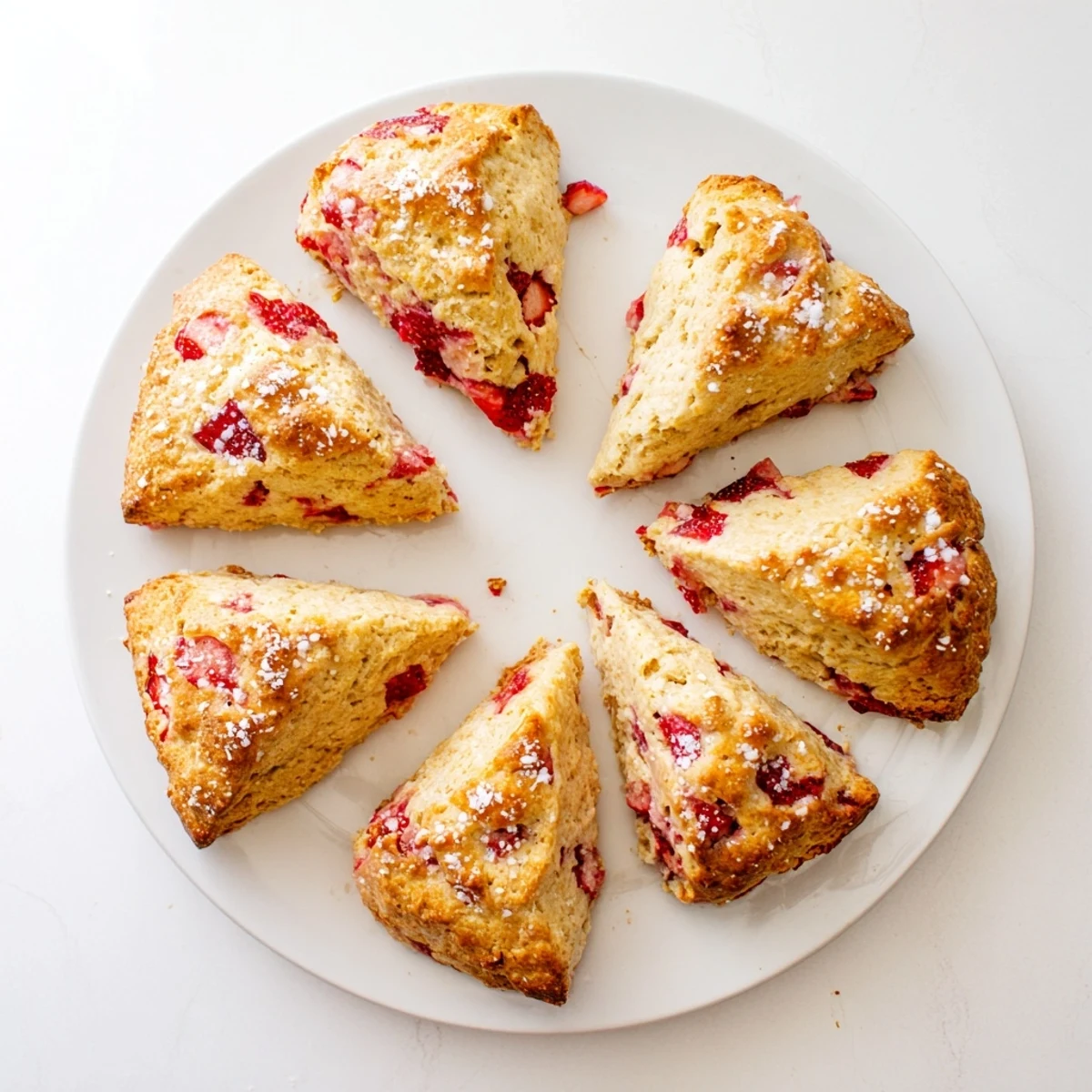 Buttery homemade strawberry scones brushed with cream and sprinkled with coarse sugar, ready for breakfast