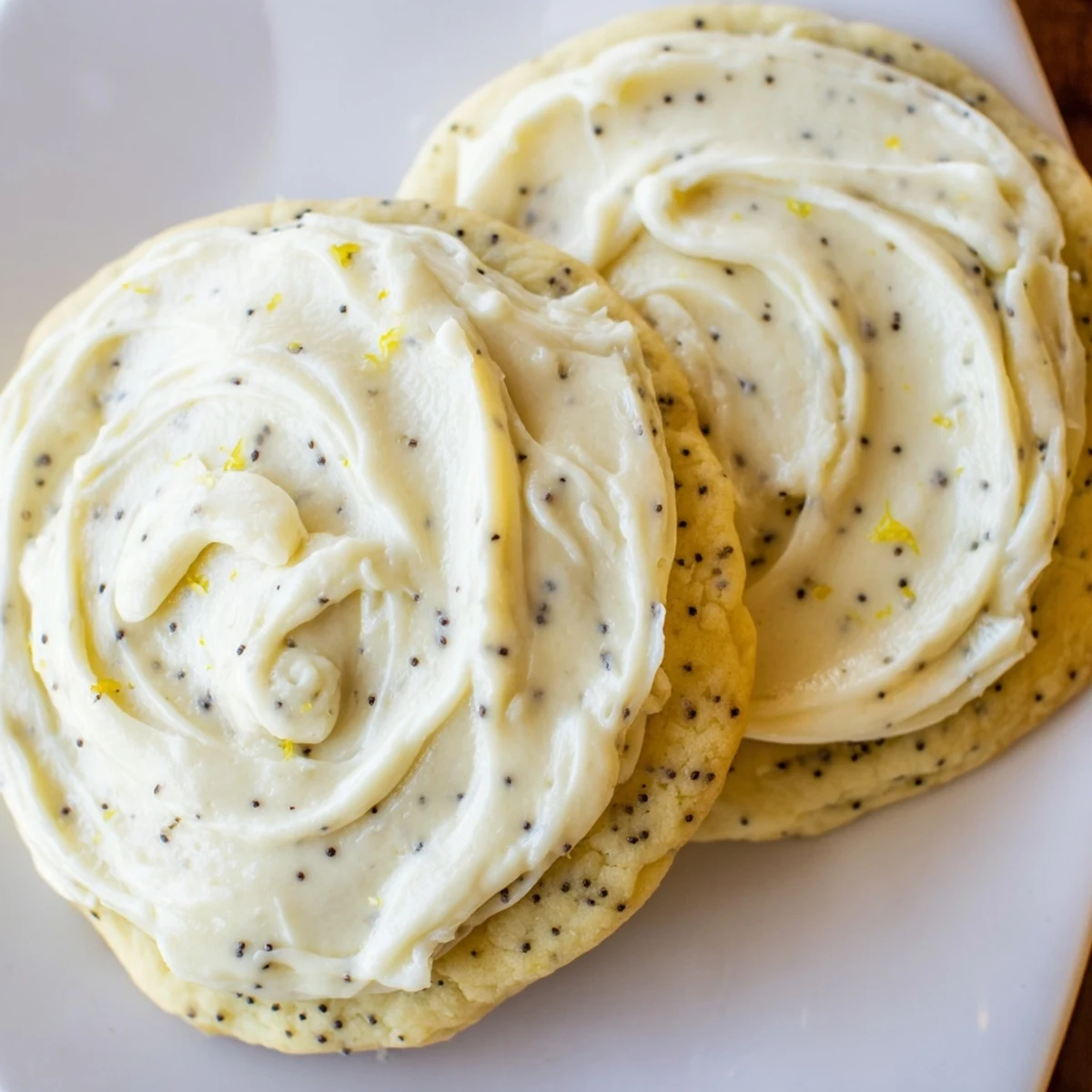 Soft lemon poppy seed cookies spread generously with tangy cream cheese frosting on a white plate
