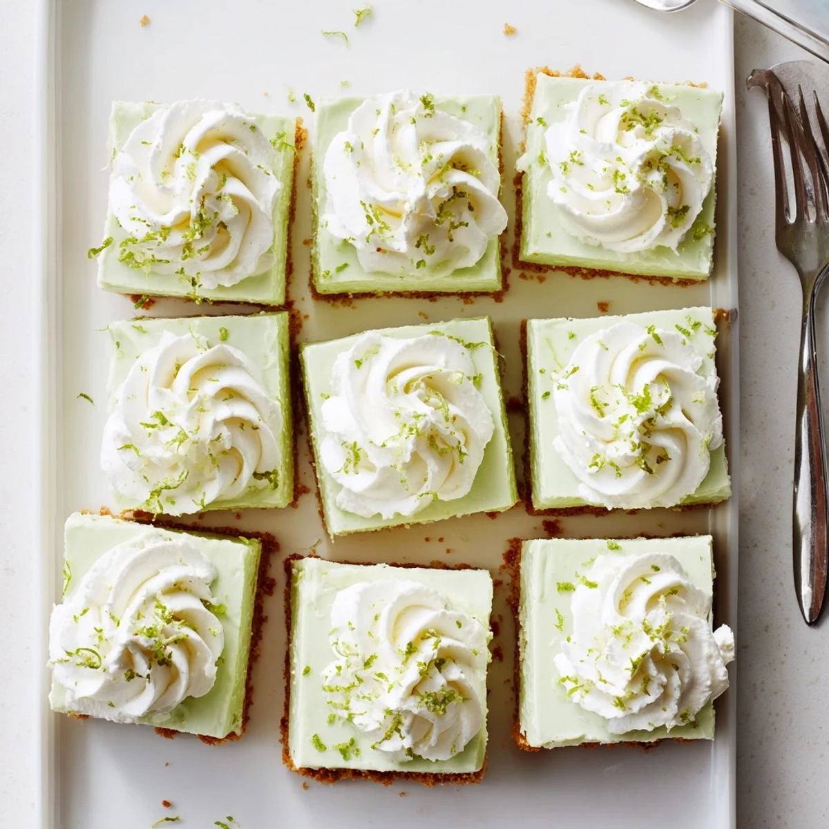 Golden square of Key Lime Pie Bars topped with whipped cream and green lime zest on a white plate