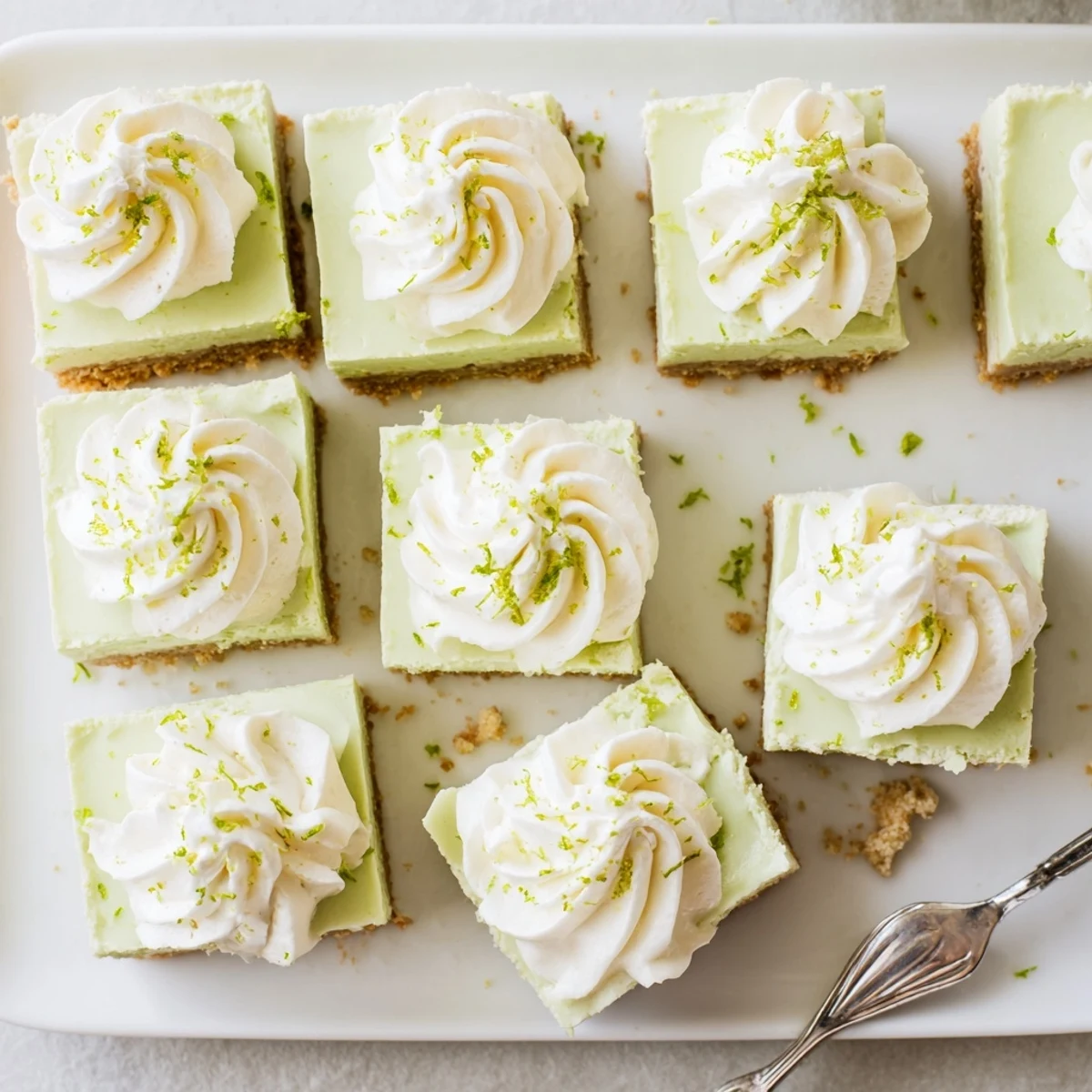 Homemade Key Lime Pie Bars arranged on a wooden serving board with fresh lime wedges and whipped cream topping