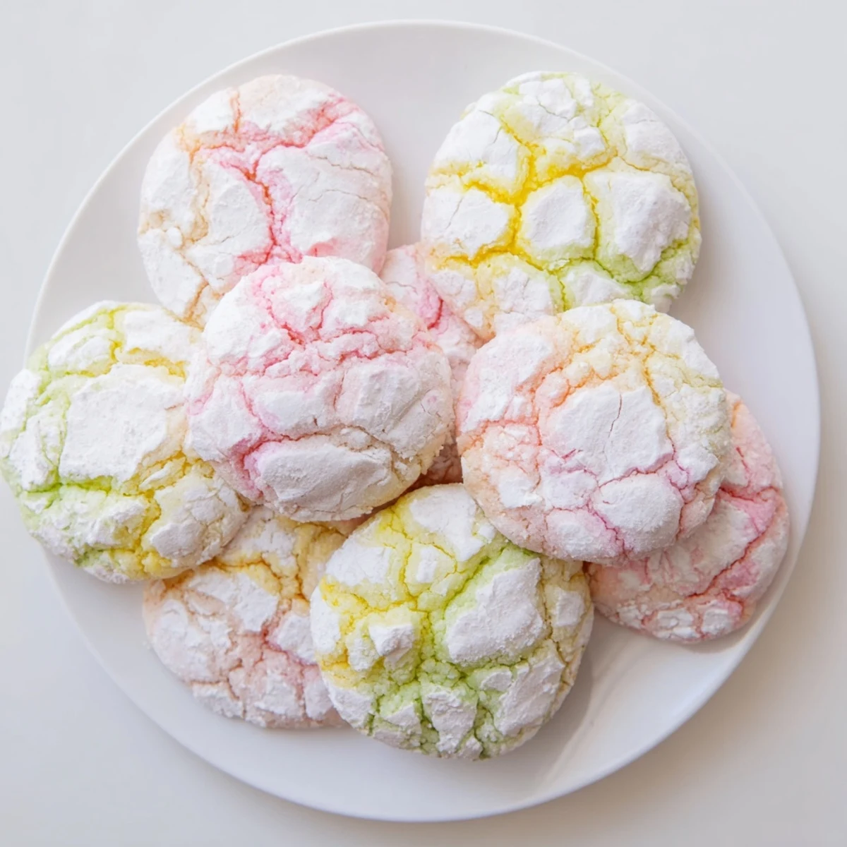 Soft pastel Springtime Crinkle Cookies coated in white powdered sugar with crackled tops