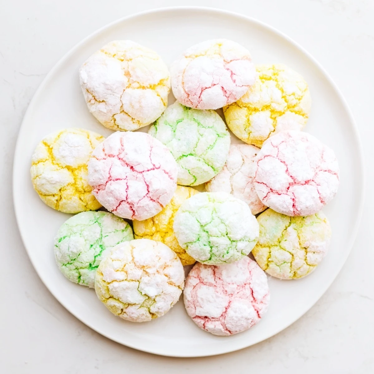 Colorful Springtime Crinkle Cookies in pink yellow and blue on a baking sheet