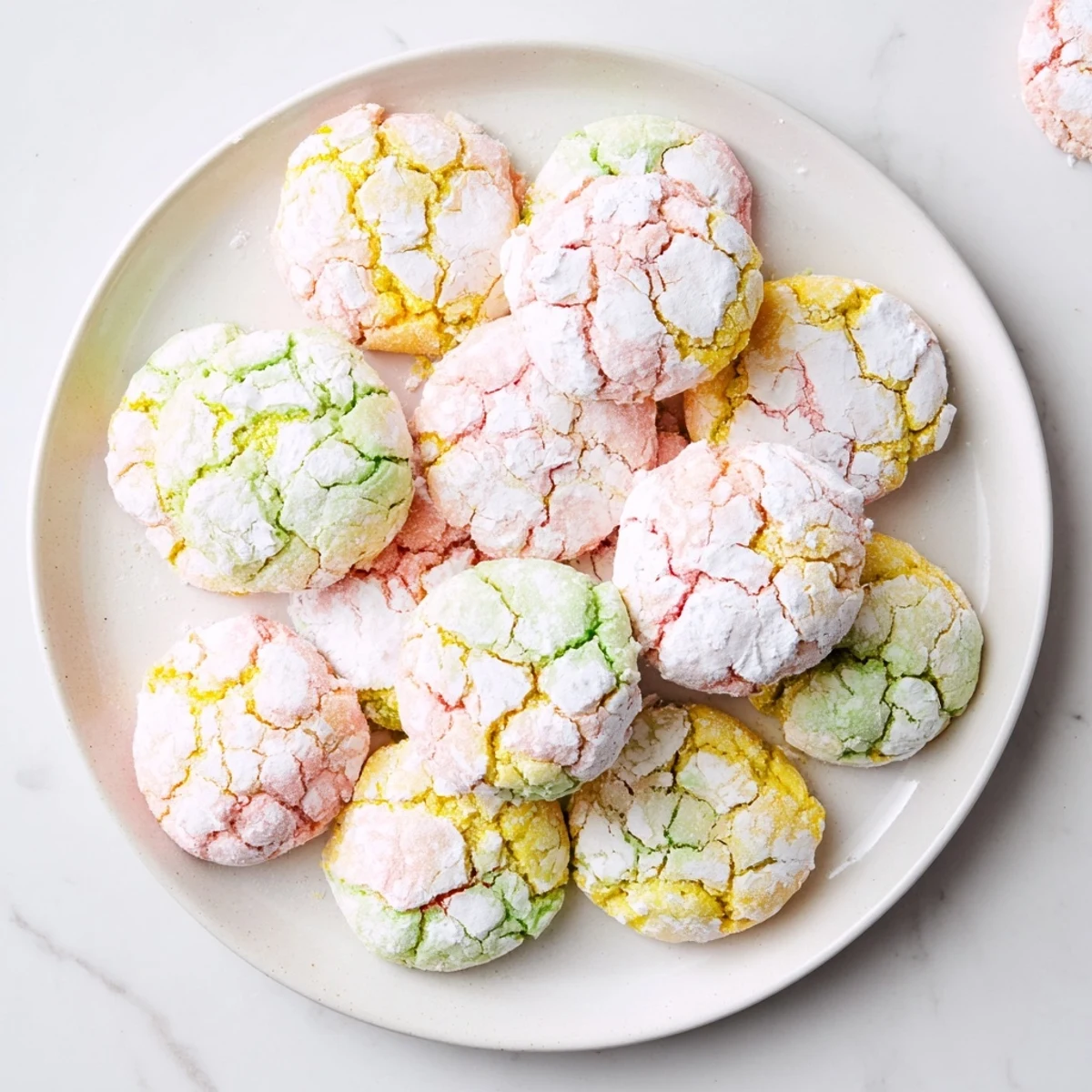 Plate of Springtime Crinkle Cookies with crackled sugar coating ready for spring dessert