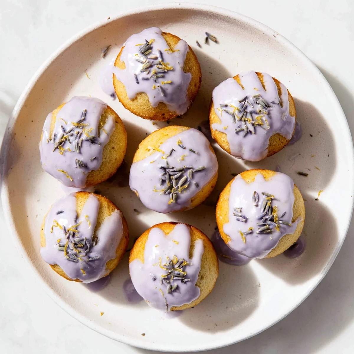 Golden mini lemon cakes drizzled with purple lavender glaze on a white cake stand