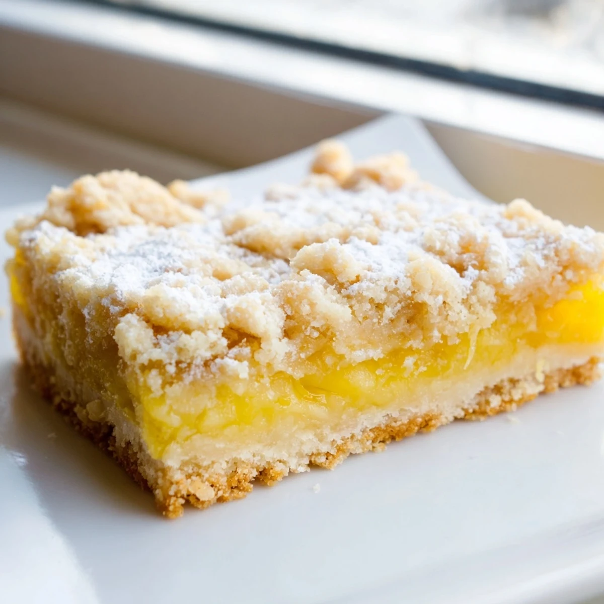 Golden lemon crumb bars featuring bright citrus filling nestled between buttery oat crumble layers