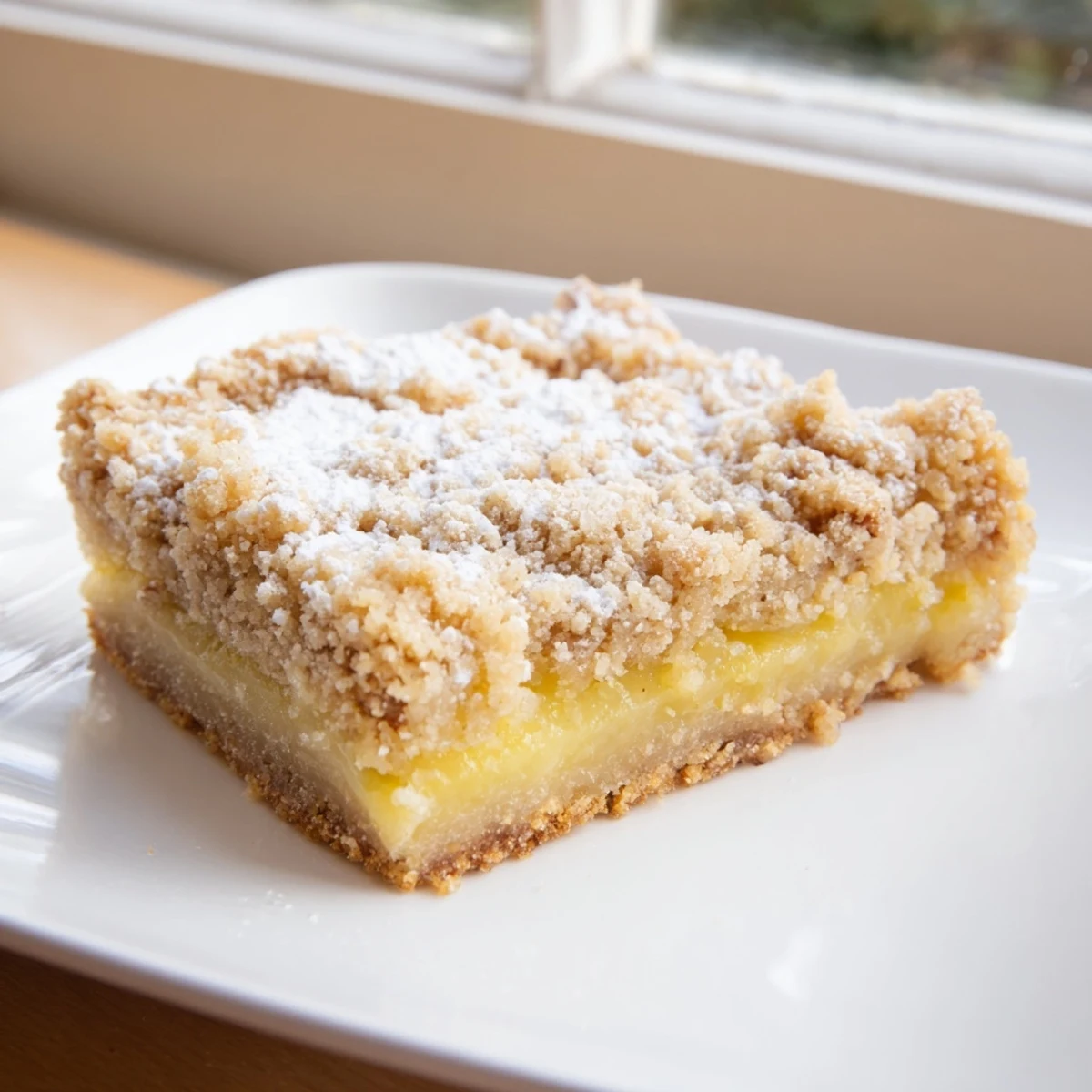 Freshly baked lemon crumb bars with powdered sugar dusting on golden buttery crumb topping