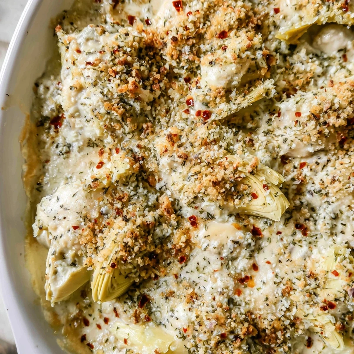 Creamy artichoke chicken bake featuring tender chicken pieces and melted mozzarella cheese with crispy breadcrumb crust