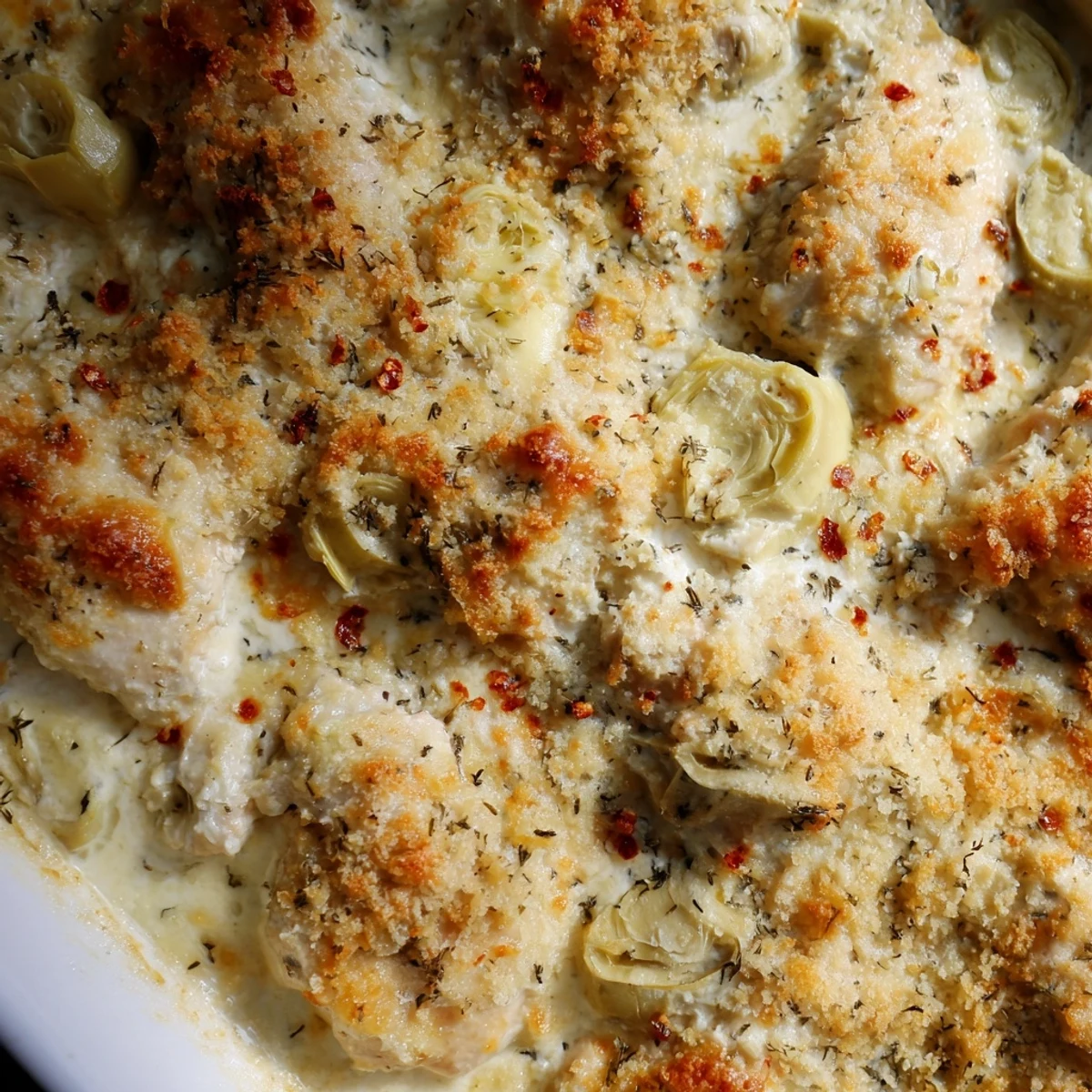 Golden brown artichoke chicken bake with bubbly cheese topping served in a white baking dish
