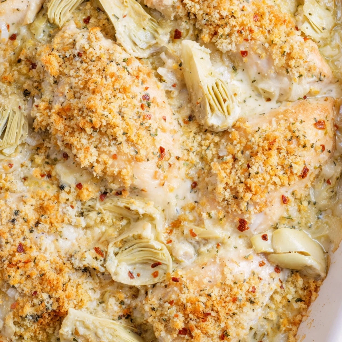 Family-style artichoke chicken bake casserole with golden parmesan crust ready for dinner table serving