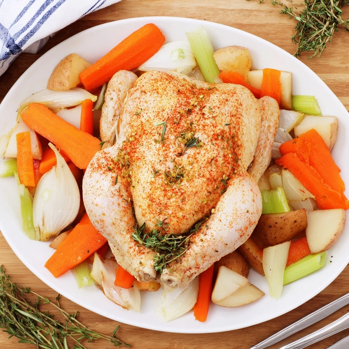 Golden brown whole Crockpot Chicken Pot Roast surrounded by tender carrots potatoes and onions in rich savory gravy