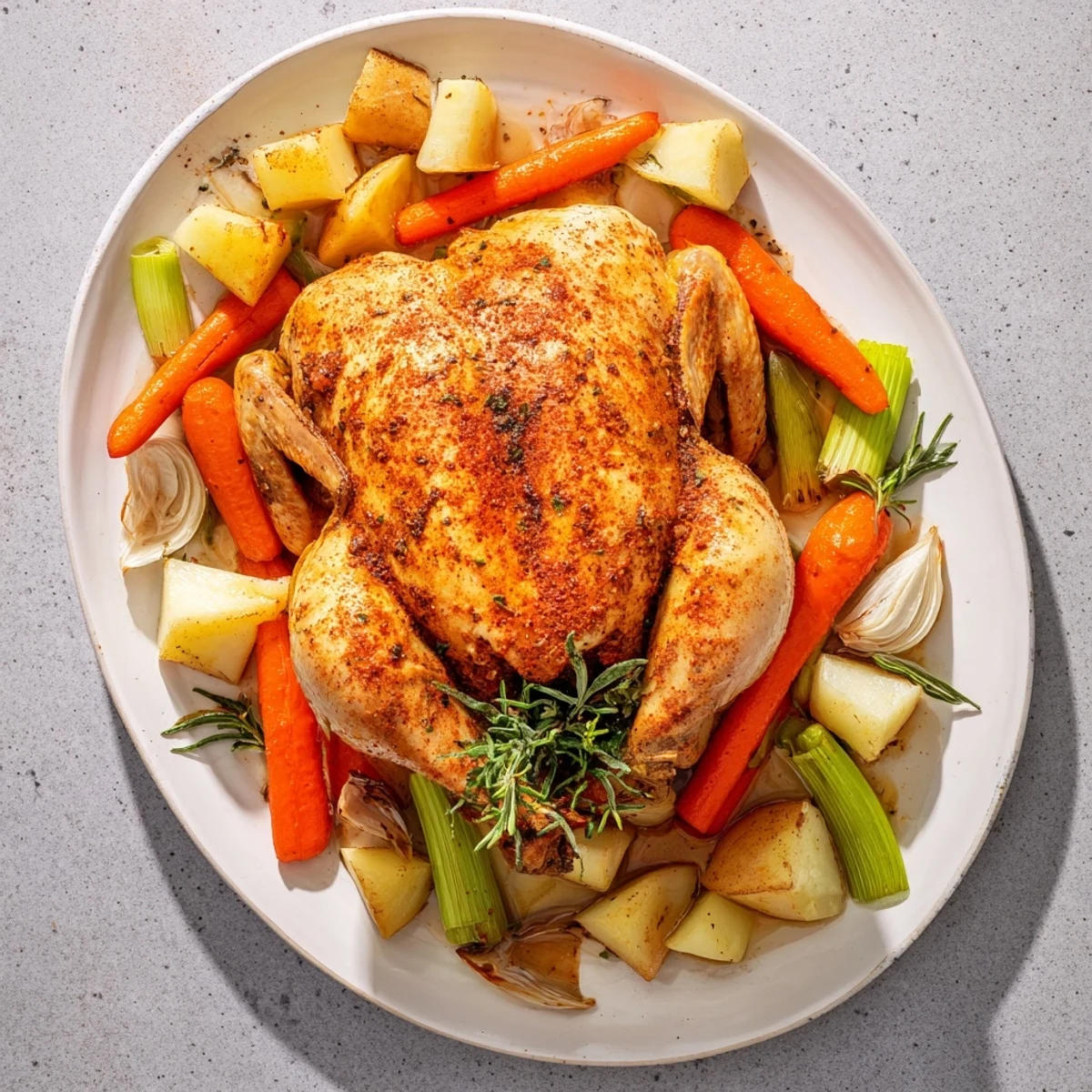 Slow-cooked Crockpot Chicken Pot Roast with herb-crusted skin nestled beside soft root vegetables in a deep serving bowl