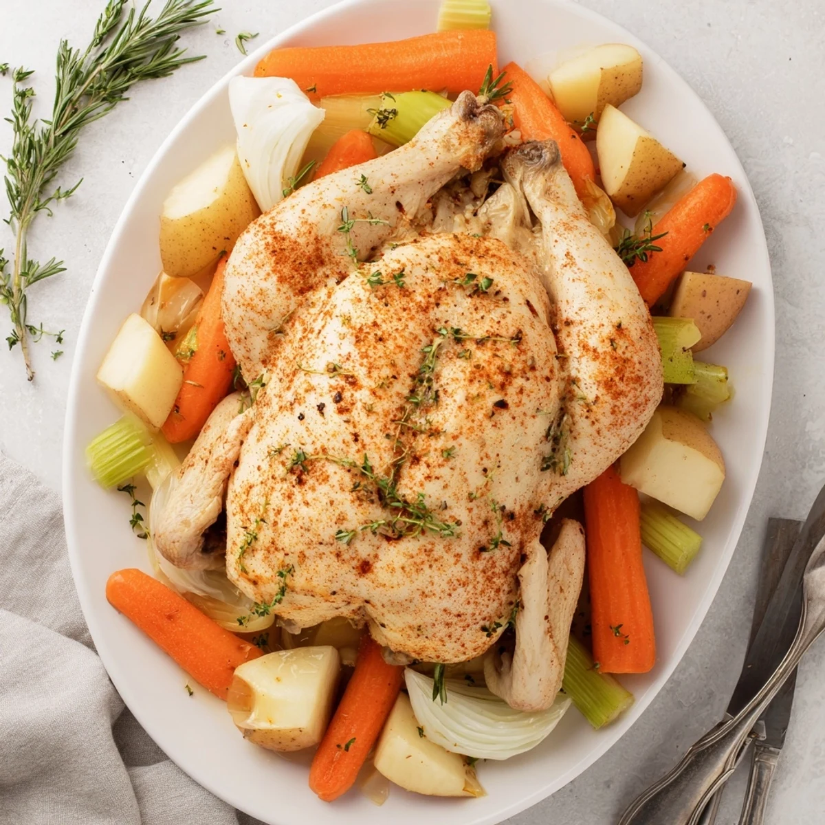 Crockpot Chicken Pot Roast featuring juicy carved meat with buttery celery potatoes and carrots in a dark glossy sauce