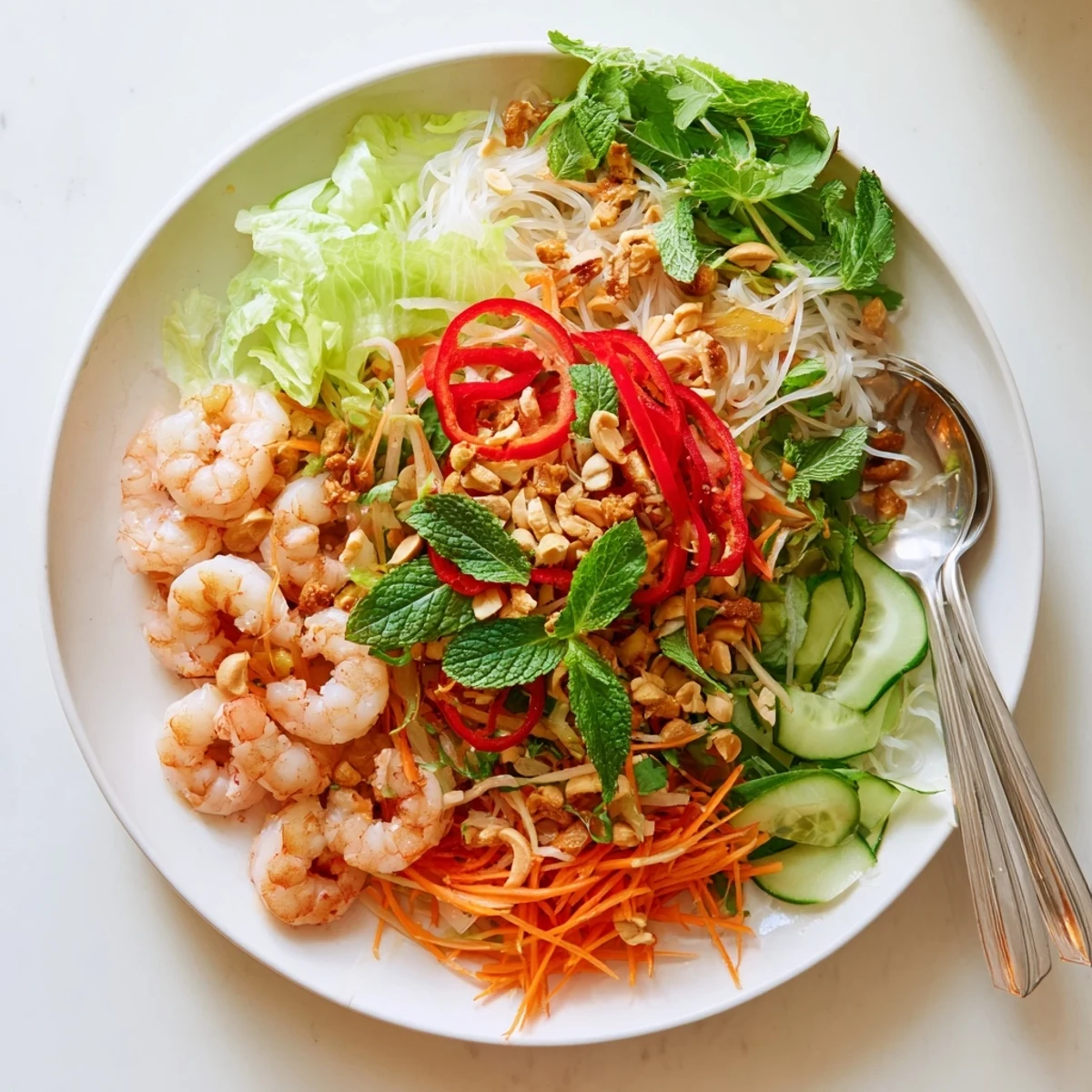 Colorful Spring Roll Salad with Spicy Ginger Dressing topped with pink shrimp and crunchy peanuts