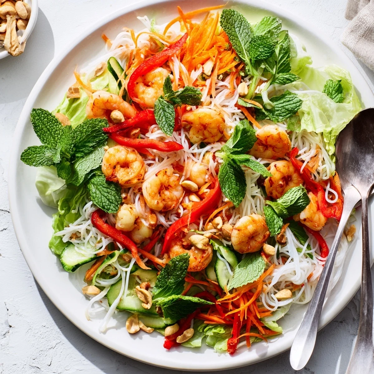 Fresh vegetable Spring Roll Salad with Spicy Ginger Dressing served in a white bowl
