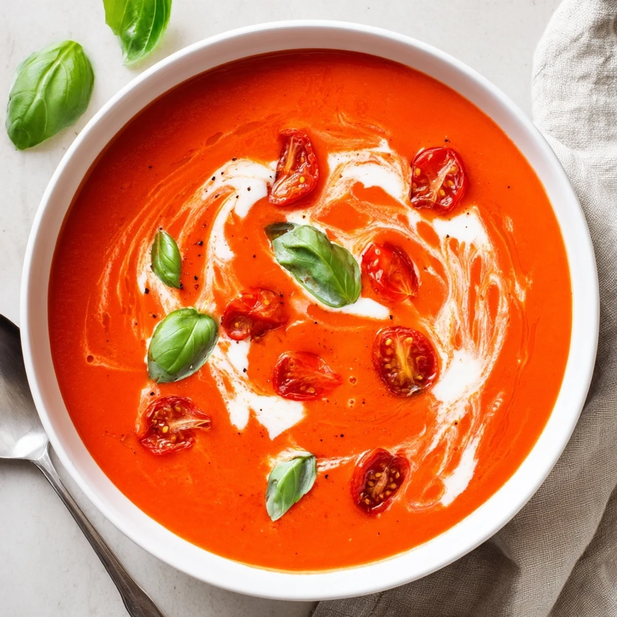 Creamy cozy tomato soup topped with fresh basil and a swirl of heavy cream in a white bowl