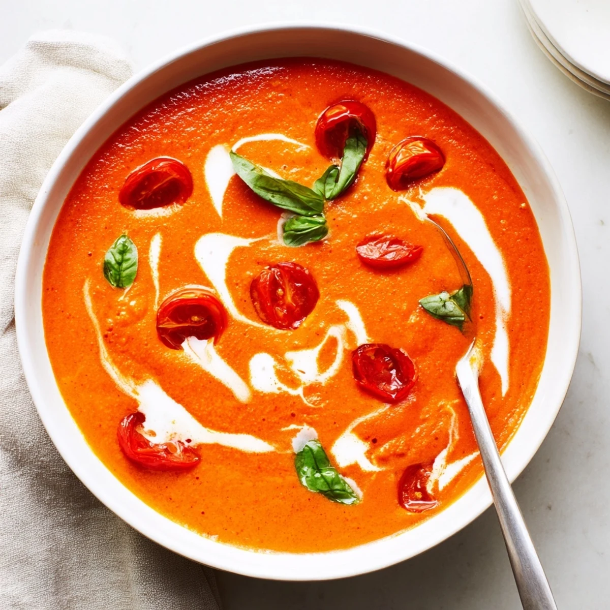 Bowl of velvety cozy tomato soup with roasted tomato chunks and crusty bread on the side