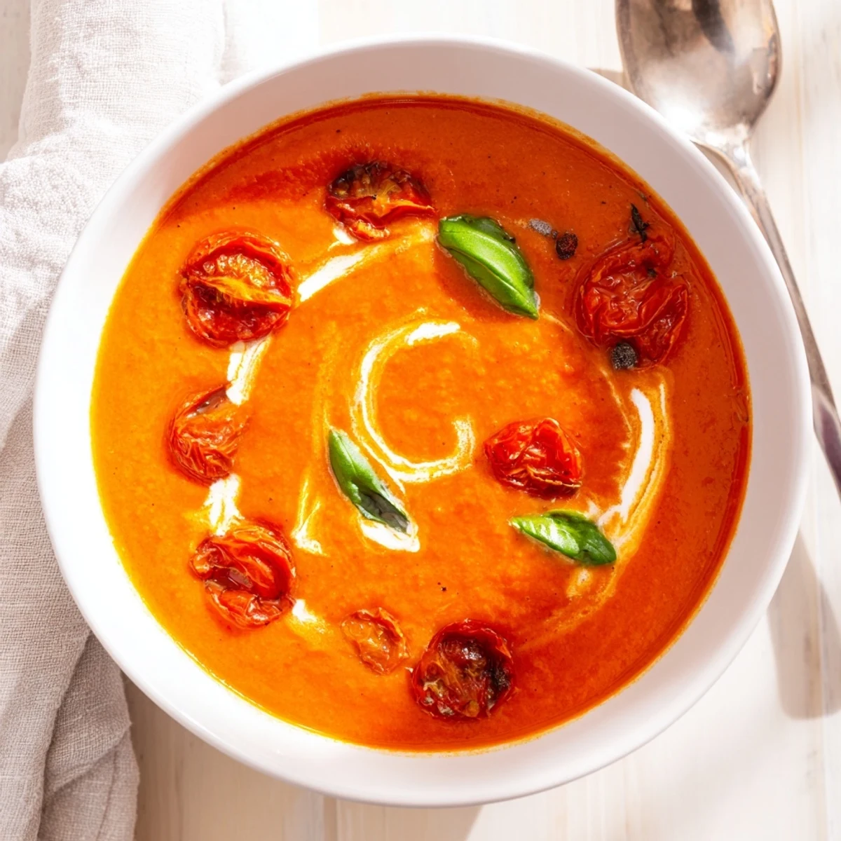 Steaming cozy tomato soup garnished with green basil leaves and drizzled cream on wooden table