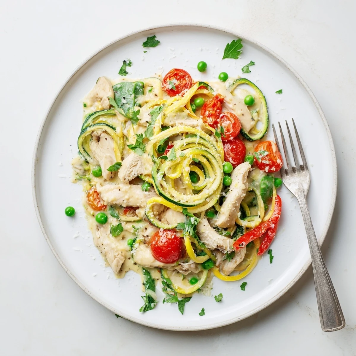 Spiralized zucchini noodles tossed with juicy chicken strips in rich Parmesan cream sauce with bell peppers