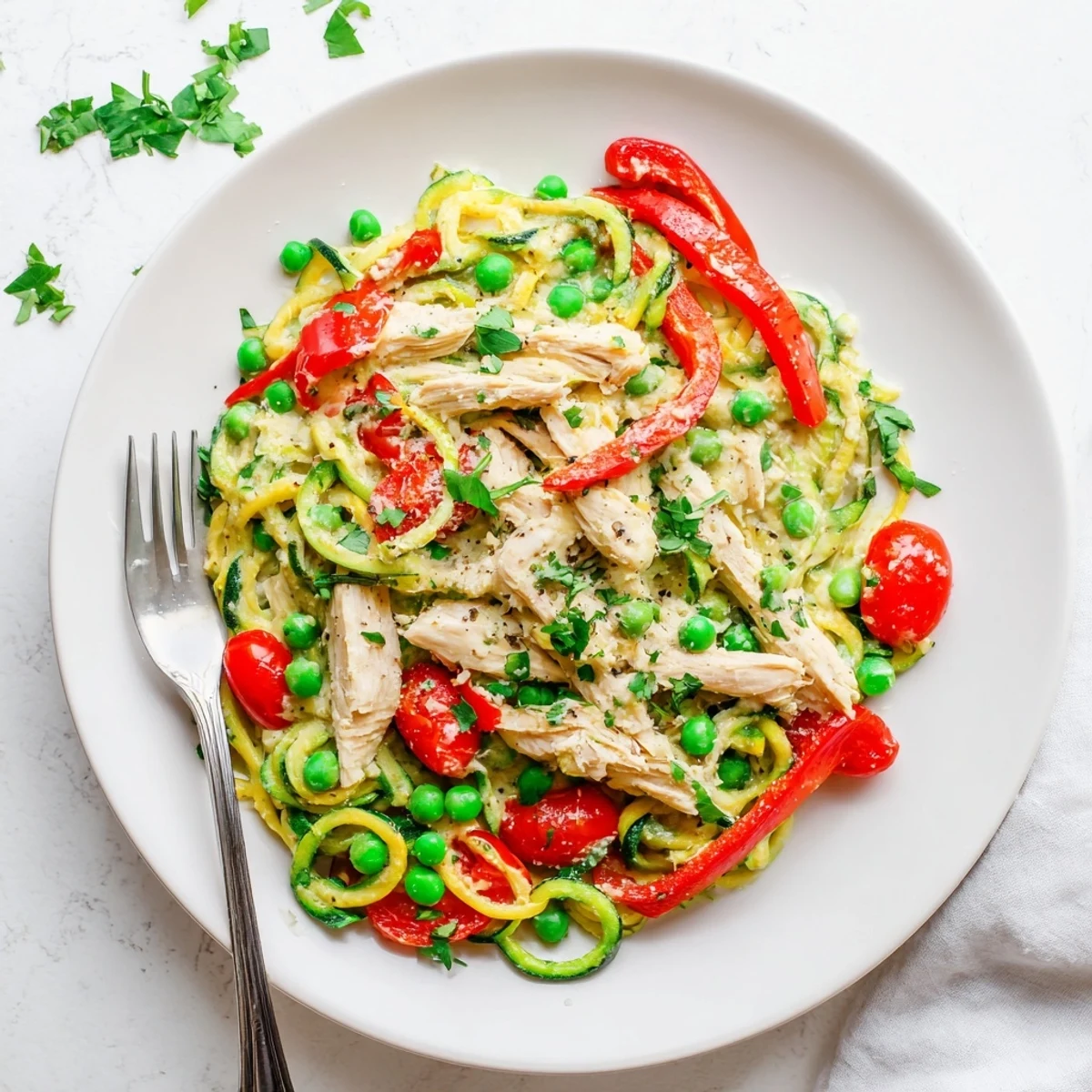 Protein-packed zucchini noodle chicken Alfredo featuring tender chicken breast and vibrant cherry tomatoes on a plate