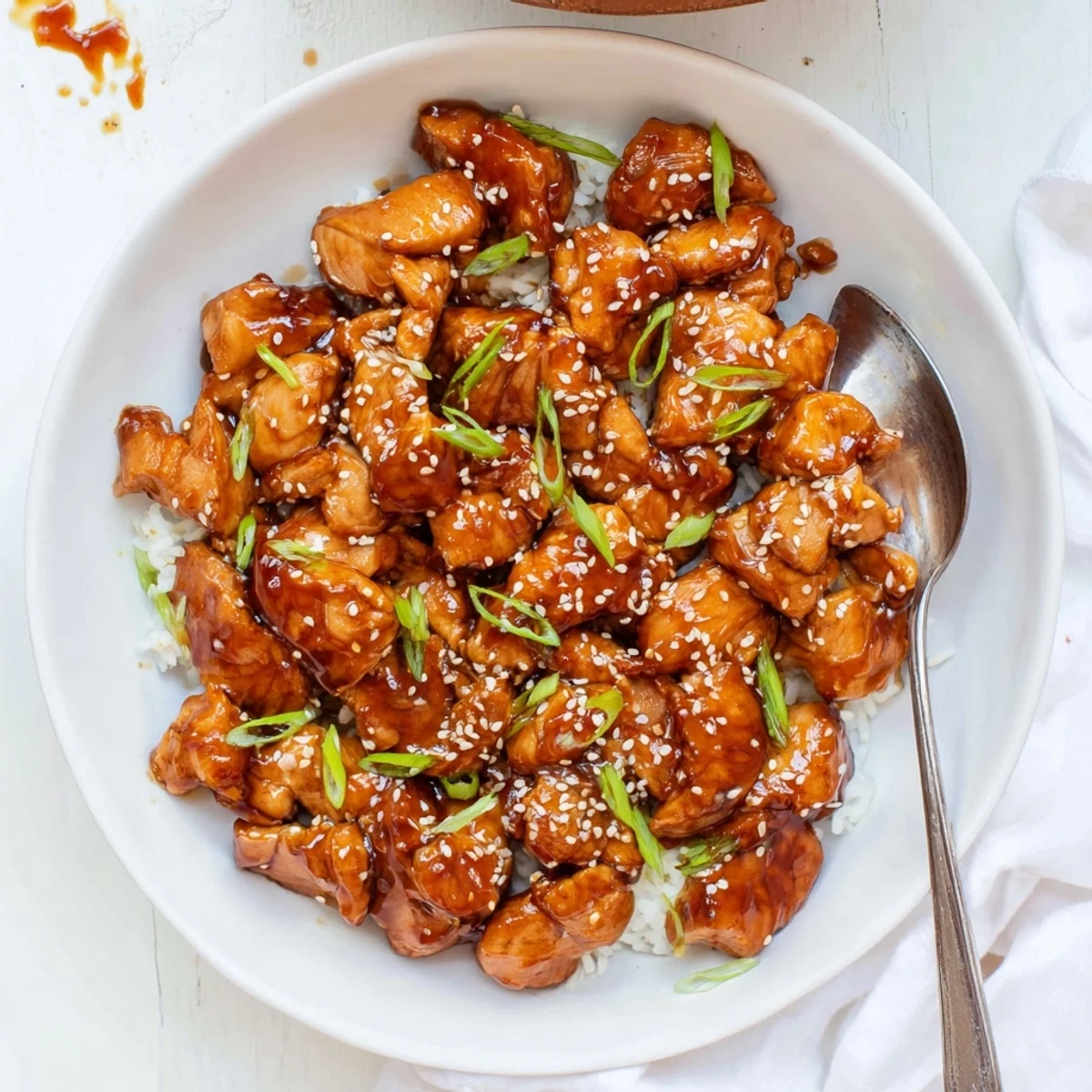Slow cooker sesame chicken pieces coated in thick glossy sauce with white rice