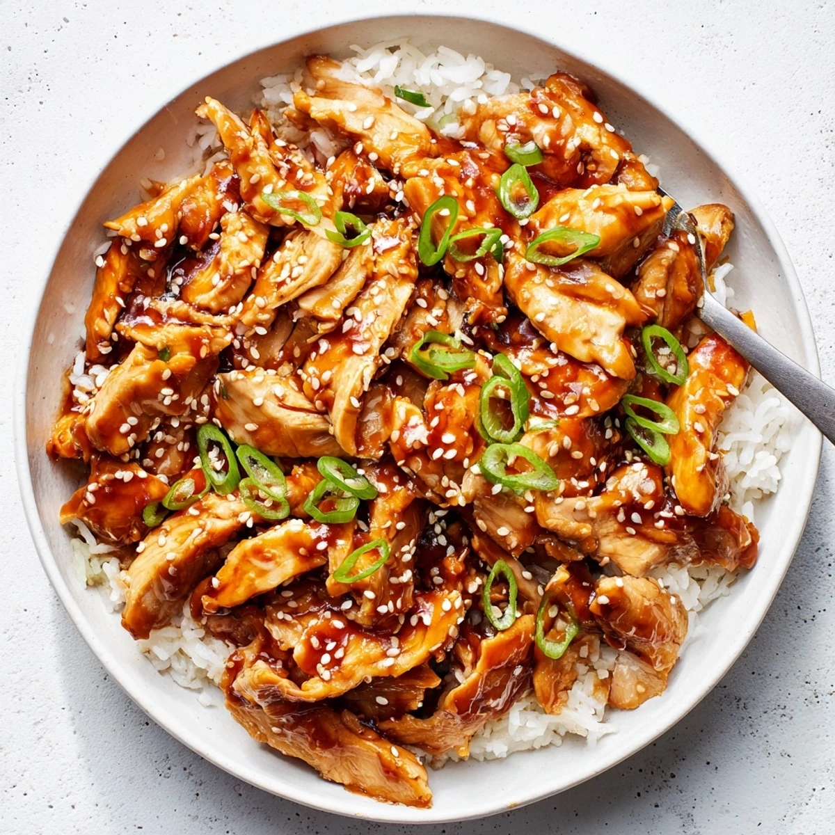 Tender Crock Pot Sesame Chicken garnished with green onions and toasted sesame seeds
