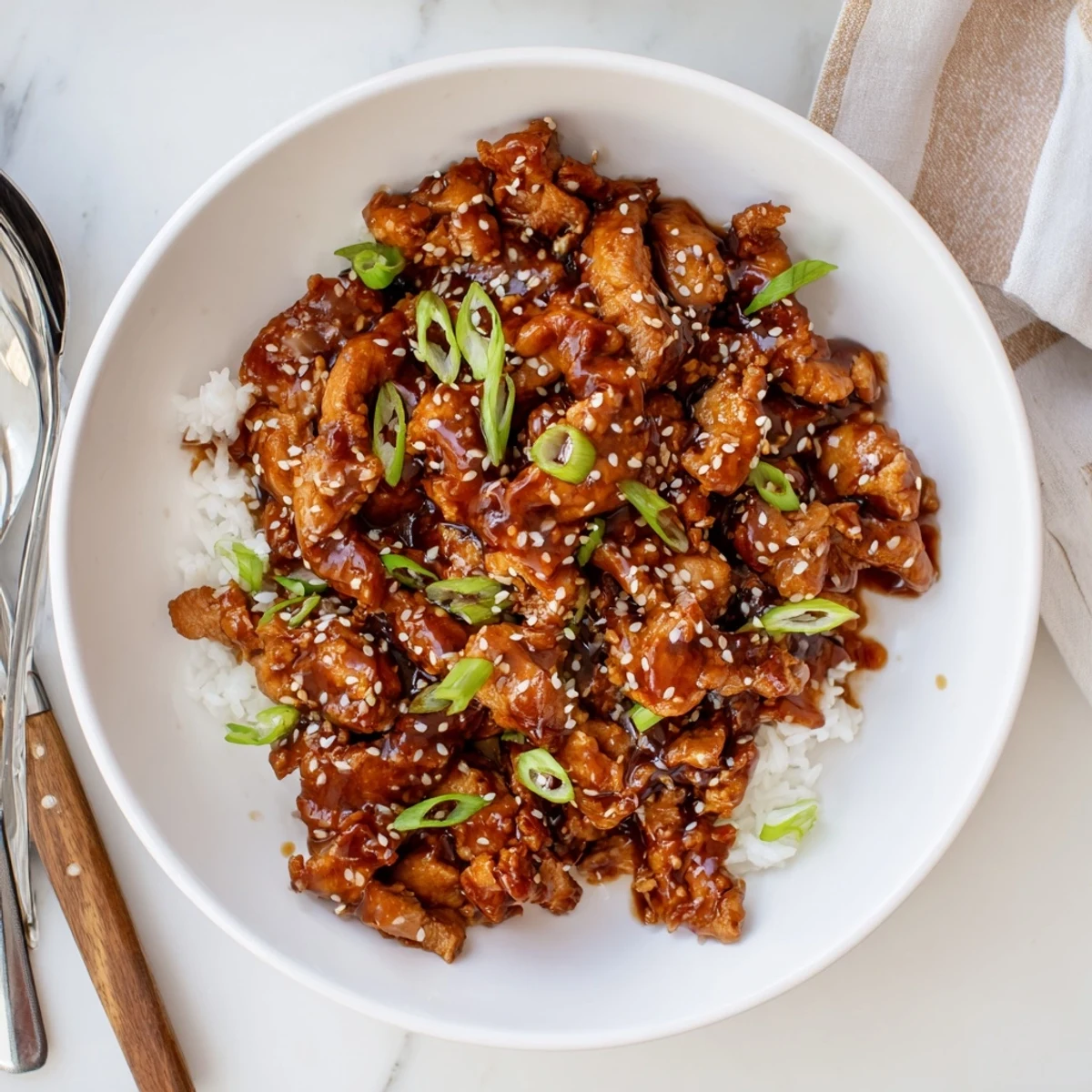 Shredded chicken thighs in savory sweet sesame glaze served over steamed white rice