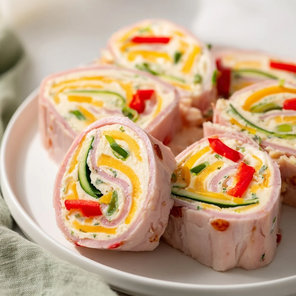 Golden keto ham roll ups filled with creamy cheese spread and crisp colorful vegetable strips