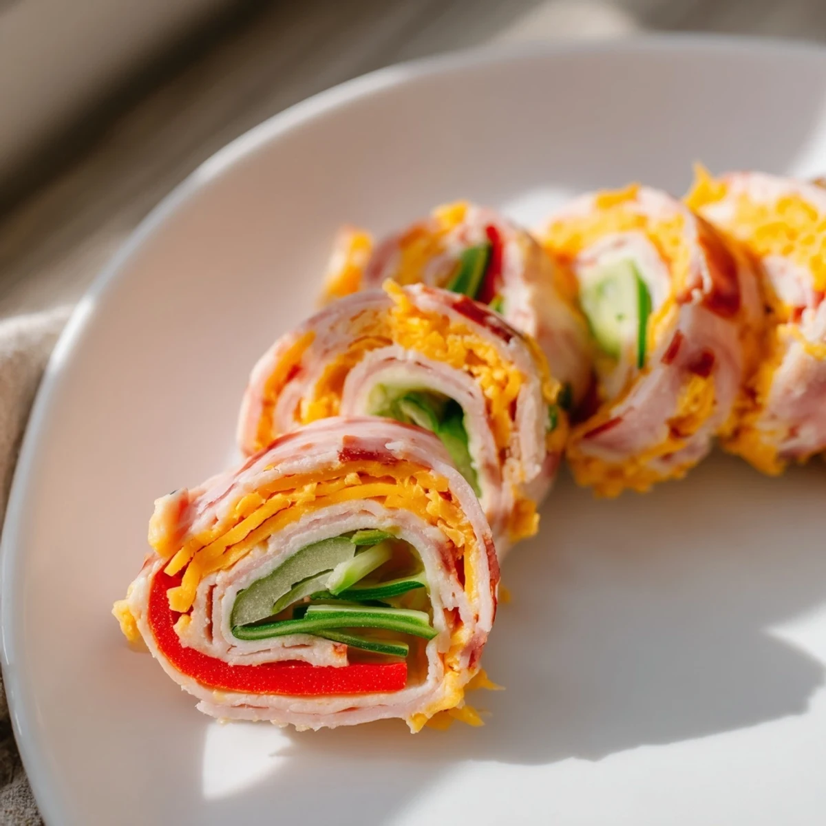 Low-carb keto ham roll ups featuring cheddar cream filling and fresh julienned bell peppers