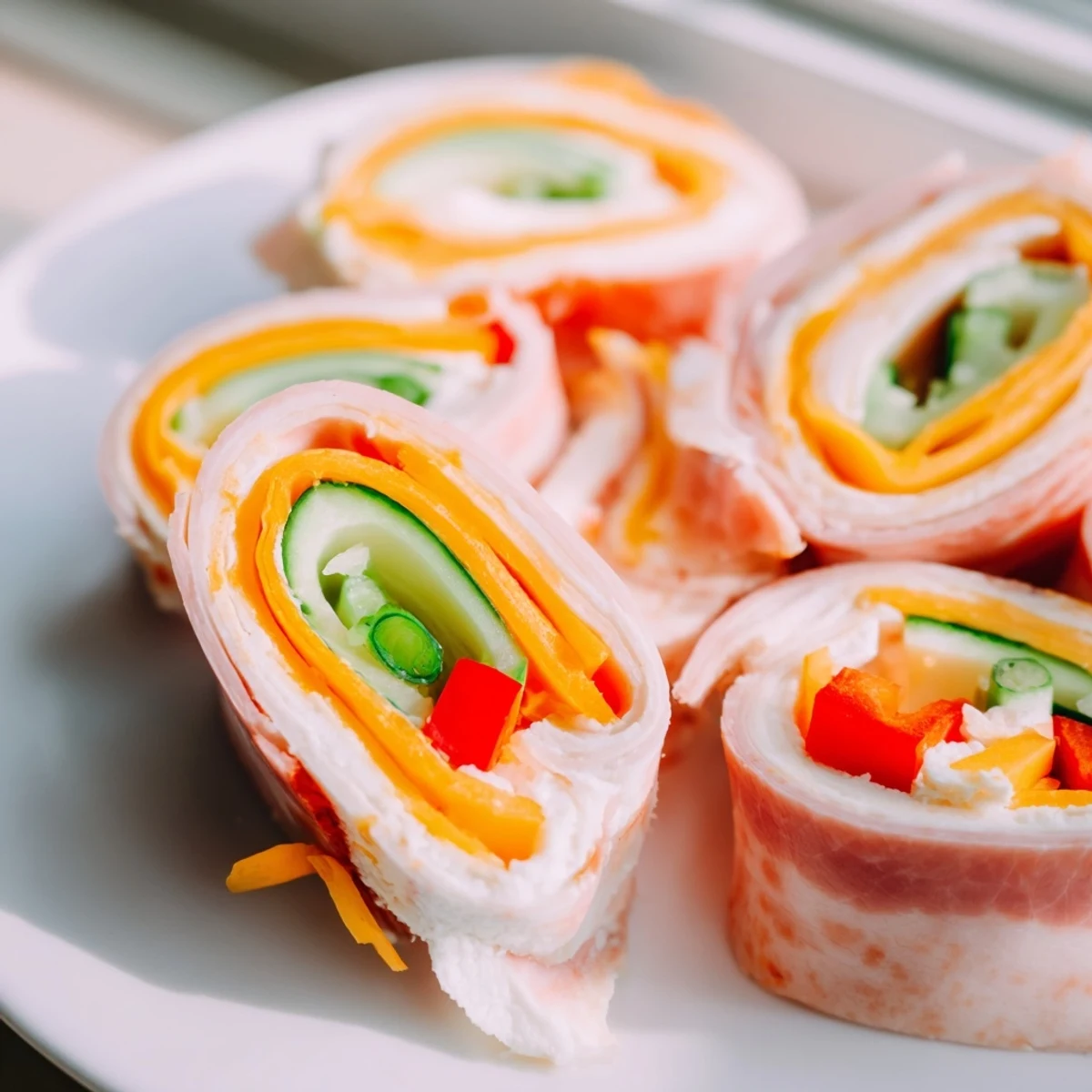 Tasty keto ham roll ups arranged on serving platter with red pepper and cucumber ribbons