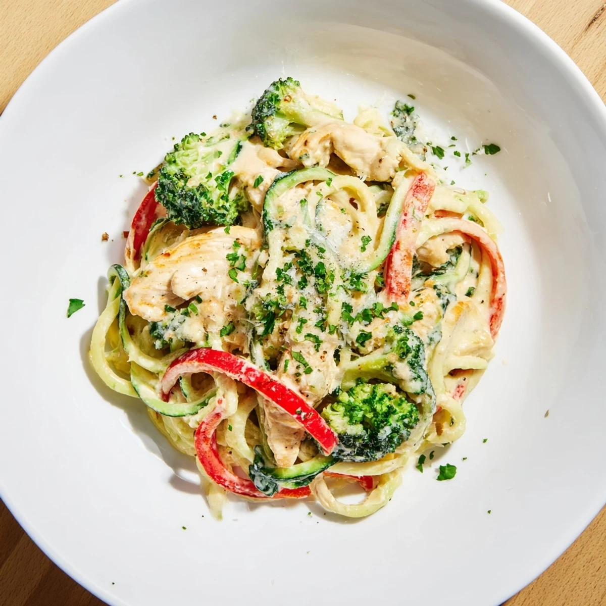 Creamy zucchini noodle chicken Alfredo bowl with colorful broccoli and red pepper slices