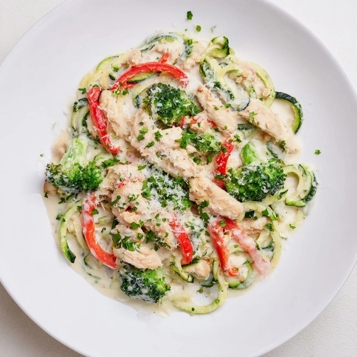 Golden chicken strips tossed with spiralized zucchini in rich Parmesan cream sauce