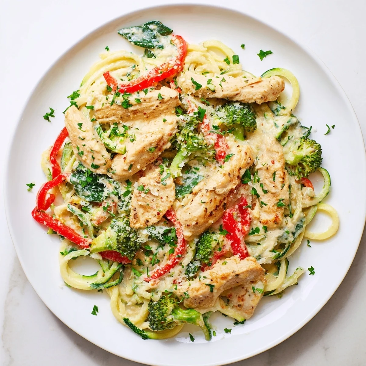 Plate of high-protein zucchini pasta Alfredo topped with fresh parsley and tender vegetables