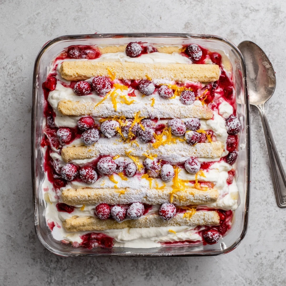 Cranberry and orange tiramisu layered with ruby-red compote and fluffy mascarpone cream in a glass serving dish