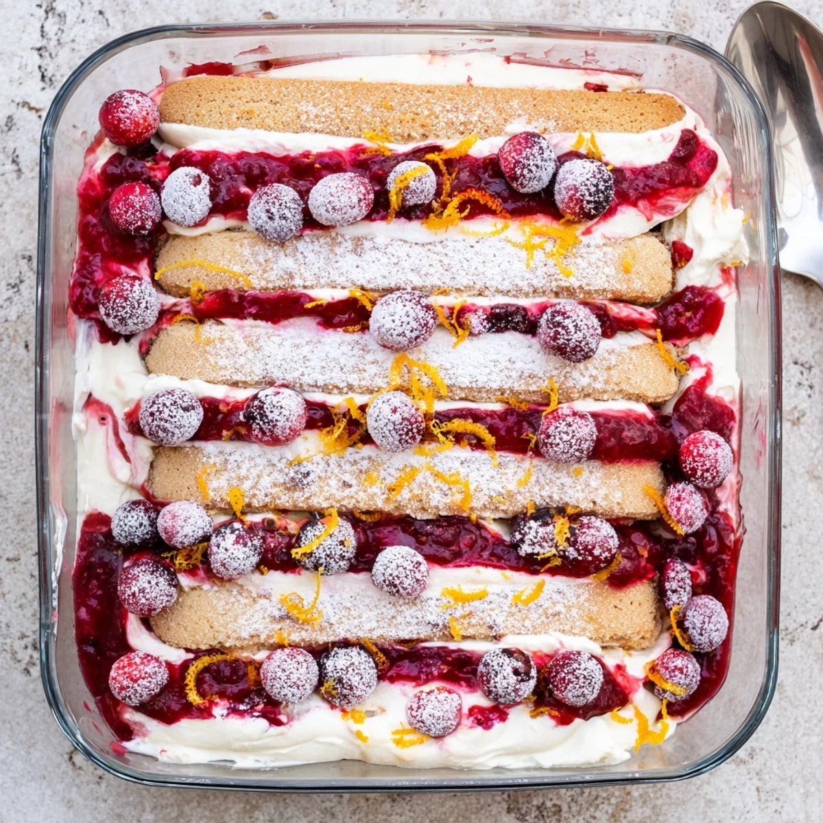 Festive cranberry and orange tiramisu dessert with tart berry swirls and dusted powdered sugar on top