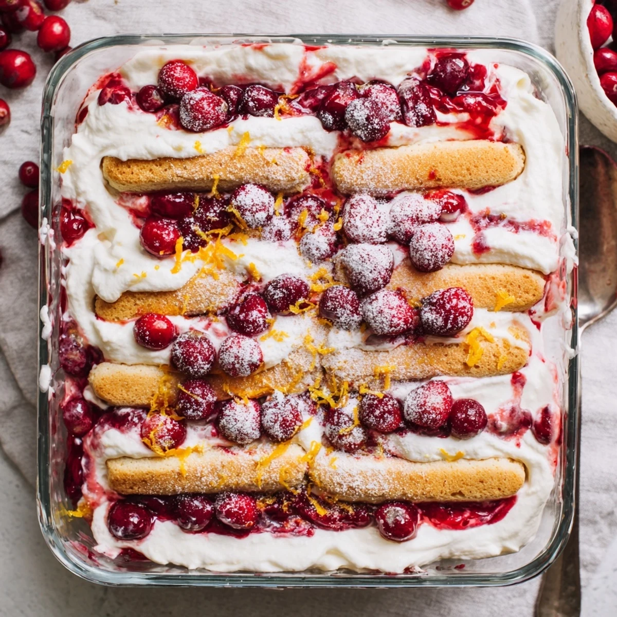 Holiday cranberry and orange tiramisu featuring bright cranberry compote layers and creamy mascarpone, garnished with fresh orange zest